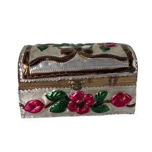 Vintage Pressed Tin Wooden Latched Trinket Chest Box, Floral Metallic Colorful
